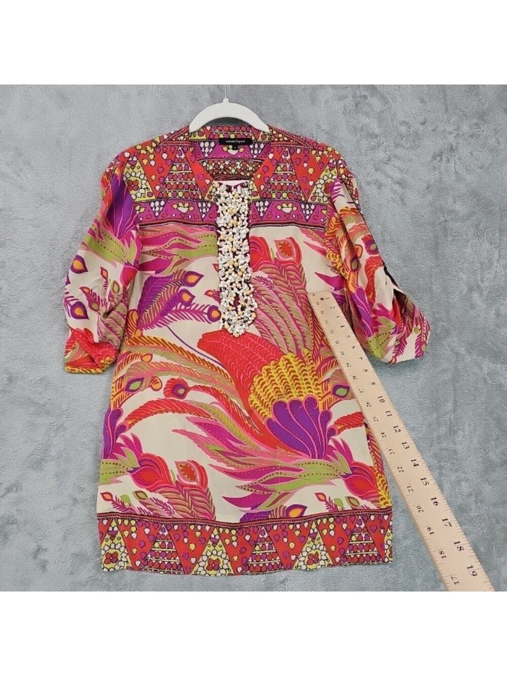 Nanette Lepore Dress Womens 0 Multicolor V Neck 3/4 Sleeve Shift Beaded Silk - Picture 4 of 12